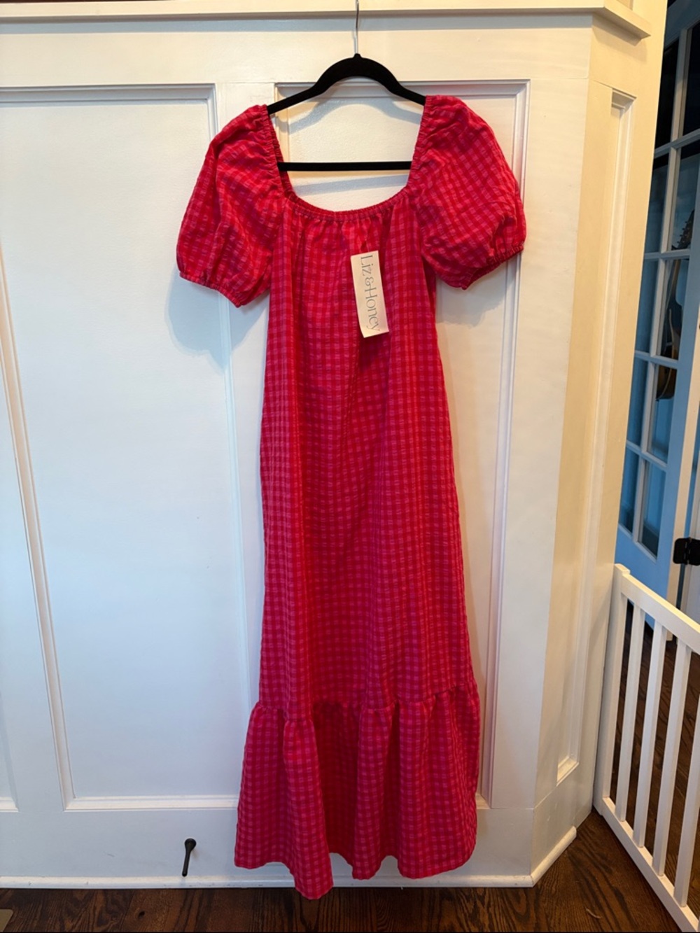 Bright Pink and Red Gingham Puff-Sleeve Maxi Dress